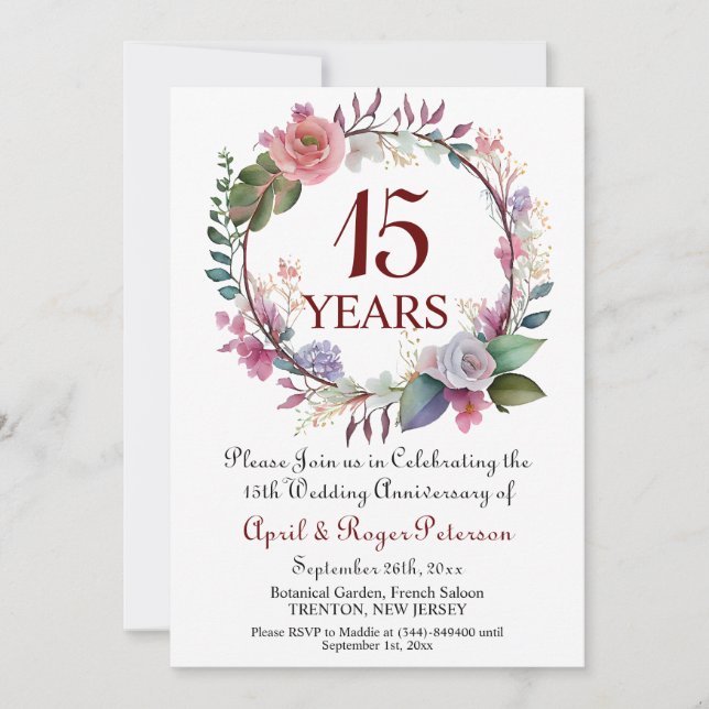 15. Crystal Wedding Jubiläum Floral Einladung (Vorderseite)