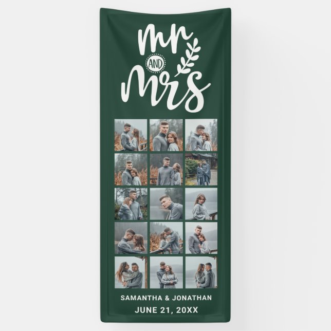15 Foto Collage Green & White Mr. & Mrs. Wedding Banner (Vertikal)
