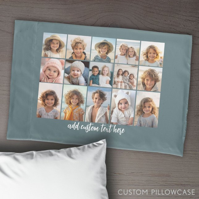 15 Foto Collage Grid - Script Text - blau Kissenbezug (Create Your Own Photo Collage Pillowcase)