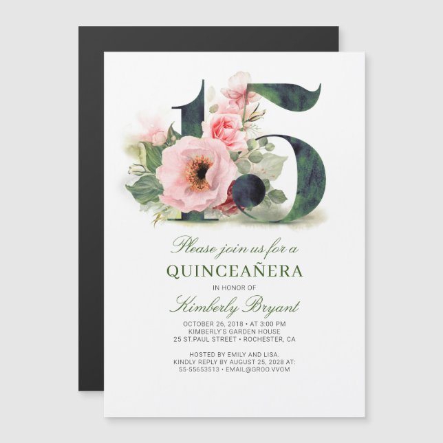 15. Geburtstag Blumenquinceanera Magneteinladung (Vorne/Hinten)