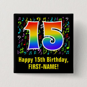 15. Geburtstag: Bunte Musik-Symbole, Regenbogen 15 Button