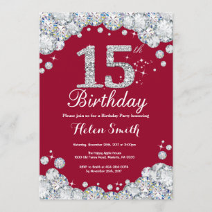 15. Geburtstag Burgundy Red und Silver Diamond Einladung