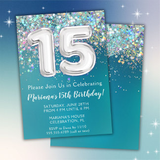 15. Geburtstag Einladung Aquamarin Silber Glitzer
