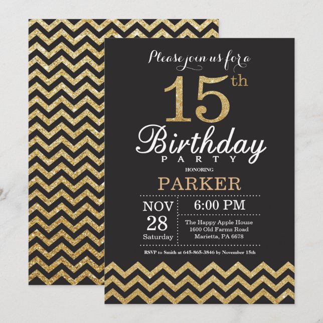 15. Geburtstag Einladung Black and Gold Glitzer (Vorne/Hinten)
