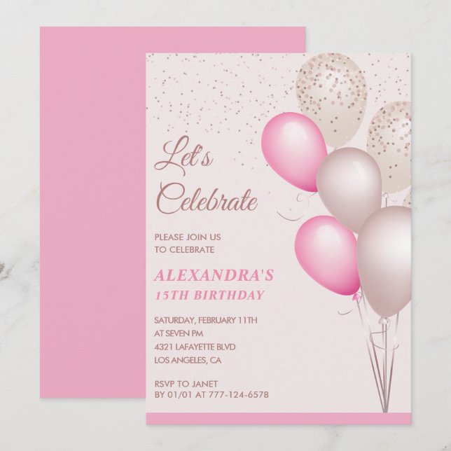 15. Geburtstag Einladungen Balloons Pink Confetti (Vorne/Hinten)