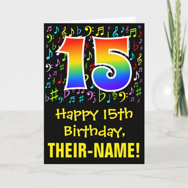 15. Geburtstag: Farbige Musiksymbole + Regenbogen  Karte (Vorderseite)