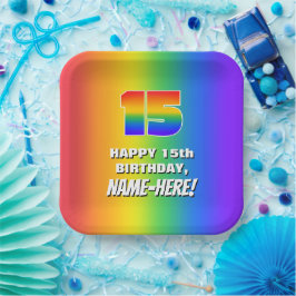 15. Geburtstag: Farbiges, lustiges Regenbogenmuste Pappteller