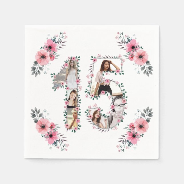 15. Geburtstag Girl Blume Foto Collage White Serviette (Vorderseite)