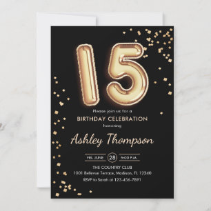 15. Geburtstag - Gold Balloons Black Einladung
