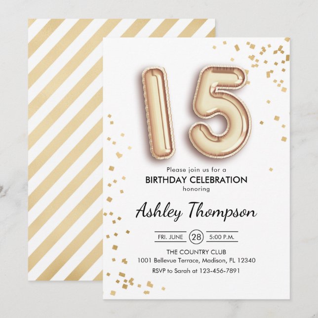 15. Geburtstag - Goldballons Einladung (Vorne/Hinten)