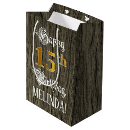 15. Geburtstag: Imitate Gold Look & Imitate Holzmu Mittlere Geschenktüte