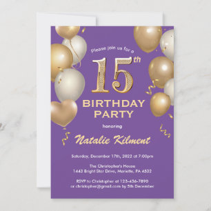 15. Geburtstag Lila und Gold Glitzer Ballons Einladung