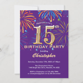 15. Geburtstag Lila und Gold Rainbow Fireworks Einladung
