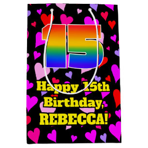 15. Geburtstag: Loving Hearts Pattern, Regenbogen Mittlere Geschenktüte