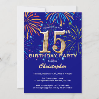 15. Geburtstag Navy Blue and Gold Rainbow Firework Einladung