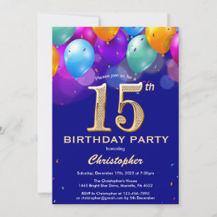 15. Geburtstag Navy Blue und Gold farbige Ballons Einladung