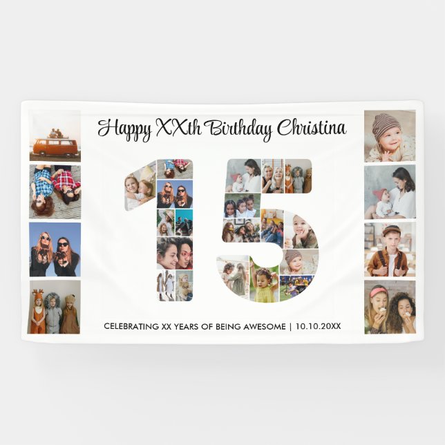 15. Geburtstag Party Nummer 15 FotoCollage Banner (Horizontal)