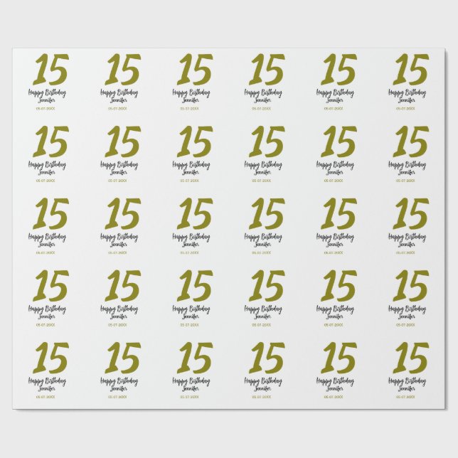 15. Geburtstag quiencenera fügen Datum Jahr golden Geschenkpapier (Flach)