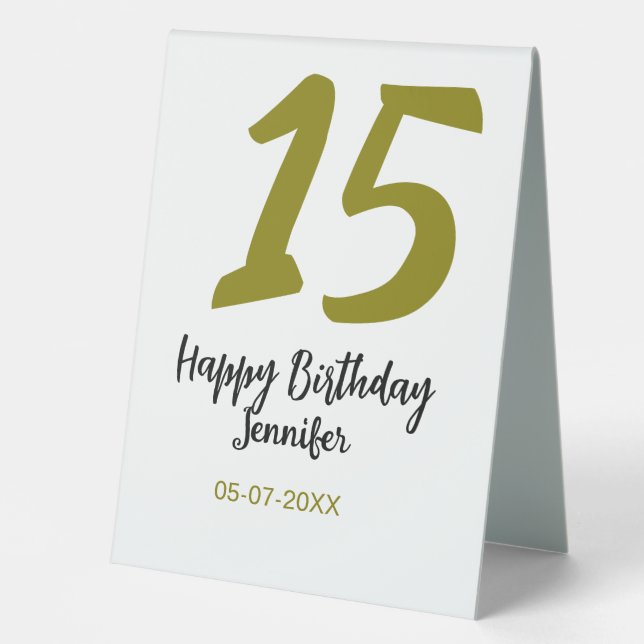 15. Geburtstag quiencenera fügen Datum Jahr golden Tischaufsteller (Vorderseite)