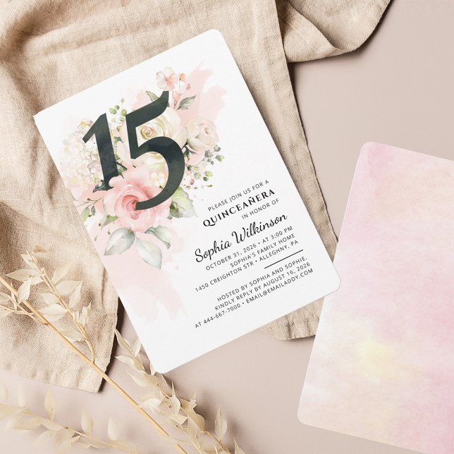 15. Geburtstag Quinceanera Eukalyptus Pink Floral Einladung (Pink Floral Quinceanera Blush 15th Birthday Party Invitation)