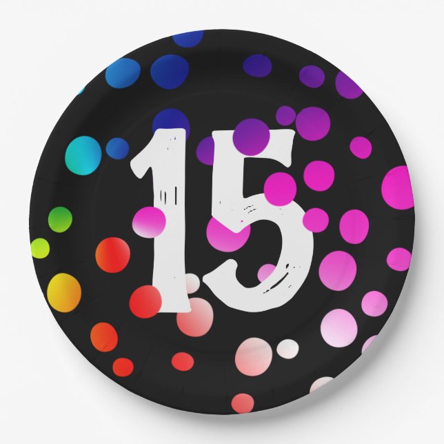 15. Geburtstag Rainbow Dots auf Black Pappteller (Vorderseite)