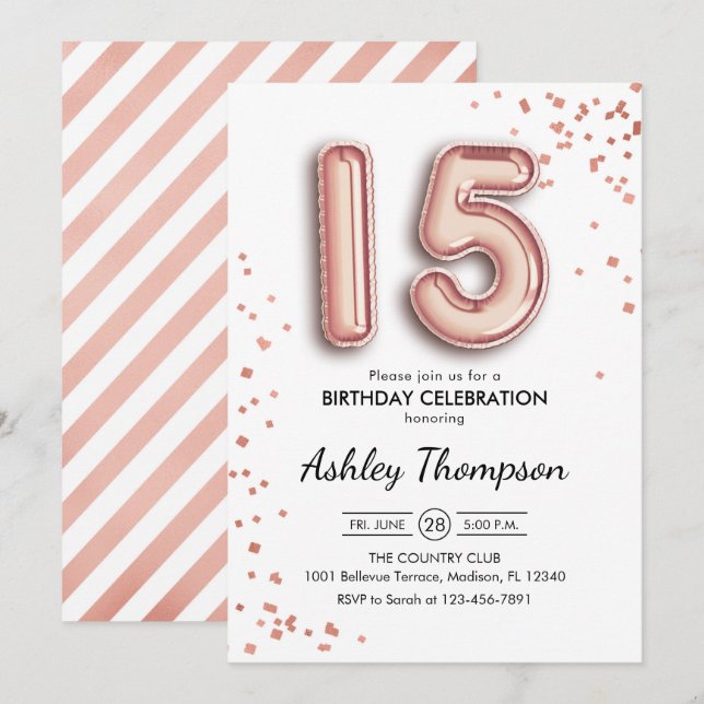 15. Geburtstag - Rose Gold Balloons Einladung (Vorne/Hinten)