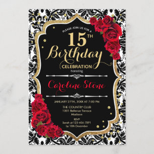 15. Geburtstag - Rote Rosen Gold Black Damask Einladung