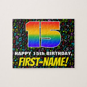 15. Geburtstag — Spaß, farbenfrohe Musiksymbole &
