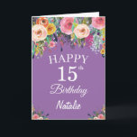15. Geburtstag Wasserfarben Blume Lila Karte<br><div class="desc">15. Geburtstag Wasserfarben Blume Lila Karte mit personalisiertem Namen und Alter. Für weitere Anpassungen klicken Sie bitte auf die Schaltfläche "Anpassen" und verwenden Sie unser Designwerkzeug,  um diese Vorlage zu ändern.</div>