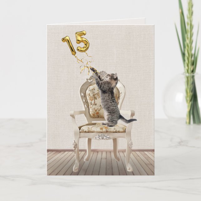 15. Geburtstagsballons und Tabby Cat Karte (Vorderseite)