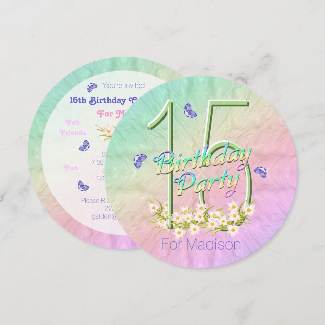 15. Geburtstagspartei Rainbow Butterflies Einladun Einladung (Vorne/Hinten)