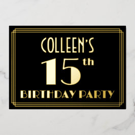 15. Geburtstagsparty: Art Deco Look "15", w/ Name Folieneinladung
