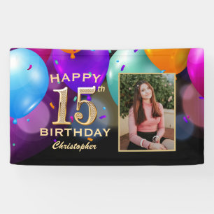 15. Geburtstagsparty Black and Gold Balloons Foto Banner