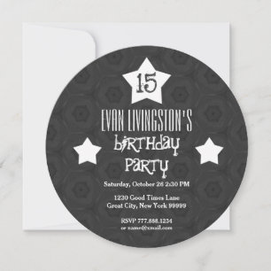 15. Geburtstagsparty Black Circle White Stars W10D Einladung