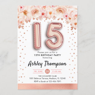 15. Geburtstagsparty - Rose Gold Balloons Einladung