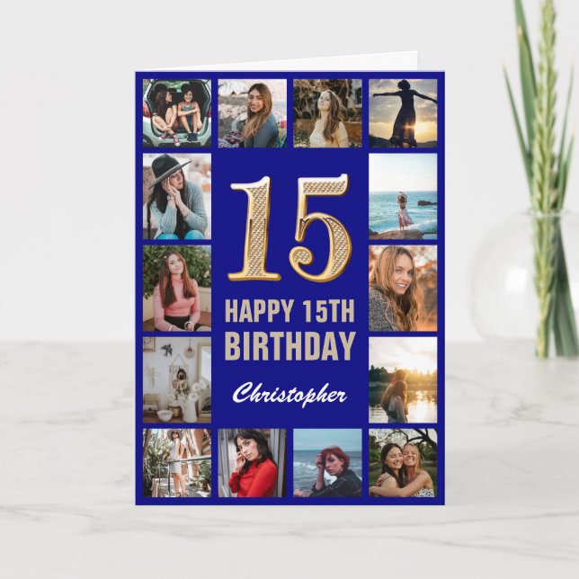 15. Happy Birthday Navy Blue & Gold Foto Collage Karte (Vorderseite)