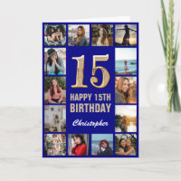 15. Happy Birthday Navy Blue & Gold Foto Collage