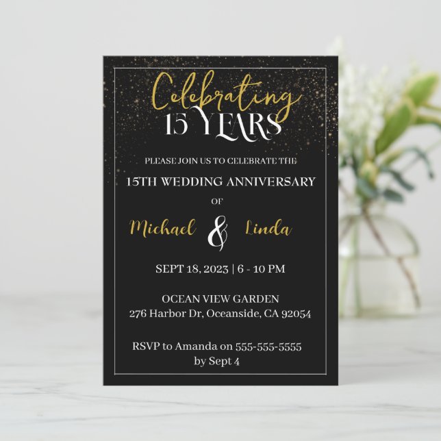 15. Hochzeitstag Black Gold Couple Einladung (Stehend Vorderseite)