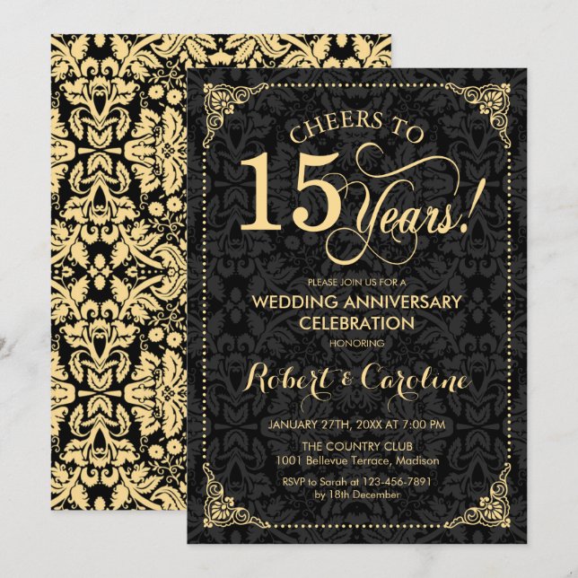15. Hochzeitstag - Gold Black Damask Einladung (Vorne/Hinten)