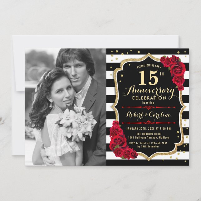 15. Jubiläum mit Foto - Gold Black Red Einladung (Vorderseite)