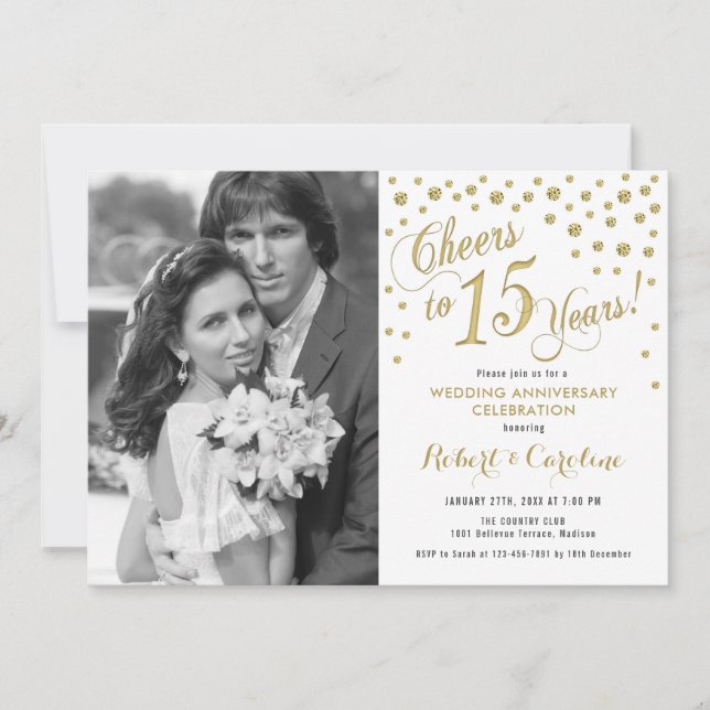 15. Jubiläum mit Foto - Gold White Einladung (Vorderseite)