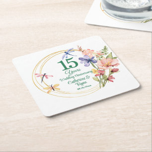 15. Kristallene Hochzeitstag Goldrahmen Floral Rechteckiger Pappuntersetzer
