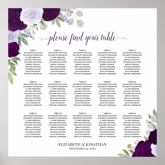 15 Lila Rose Chic Wedding Seating Chart Poster (Vorne)