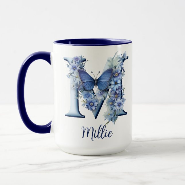 15 onces Floral Blue Monogrammed Café Mug (Gauche)