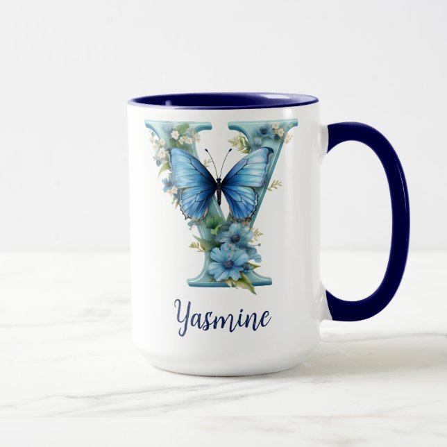 15 oz Floral Blue Mit Monogramm Coffee Tasse (Rechts)