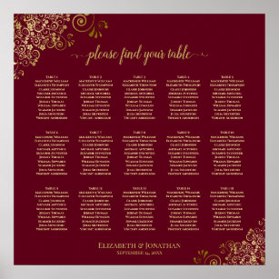 15 Tabelle Burgundy & Gold Hochzeitskarte Poster