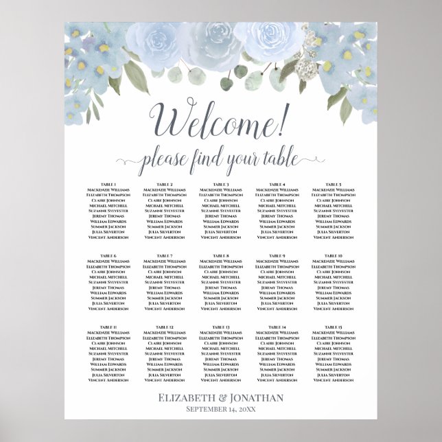 15 Tabelle Dusty Blue Gray Rose Sitzplan Poster (Vorne)