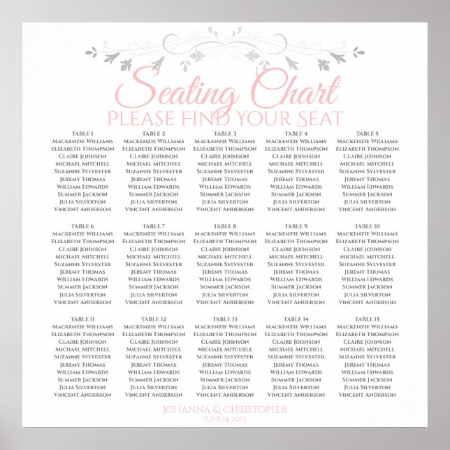 15 Tabelle Elegantes Rosa & Gray Hochzeitsdiagramm Poster (Vorne)