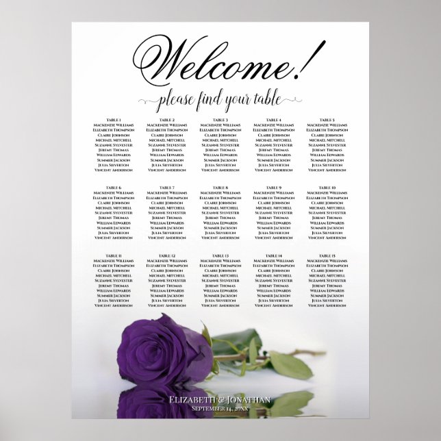 15 Tabelle Royal Lila Rose Hochzeitssitzkarte Poster (Vorne)