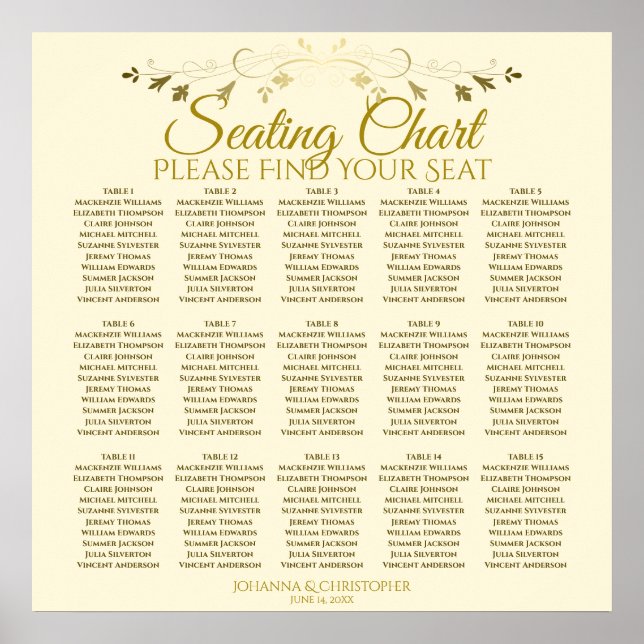 15 Table Simple Gold Cream Wedding Seating Chart Poster (Vorne)